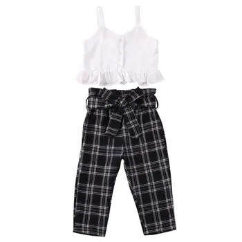

Toddler Baby Girl 1T-6T Summer Clothes Sets Ruffle Sleeveless Tops T-shirt Plaid Bow Pants Outfits