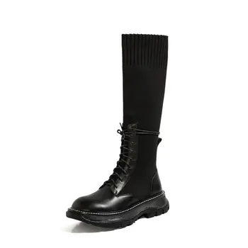 

Fashion woman Motorcycle Boots Cross Tied Genuine Leather knitting Shoes Woman Winter Party Basic flat Platform Boots