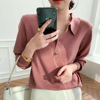 

ATTYYWS Women's Cashmere Knit V-neck Loose Soft Full Sleeve Pullover Solid Fashion Wool Bottoming Shirt Regular Women's Sweater