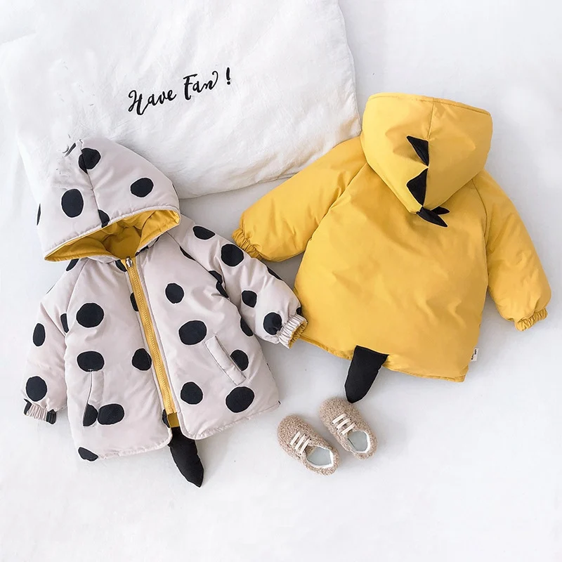 Winter Girls Kids Parkas Thicken Dot Polka Coat NEW Warm Children Baby Infants Cotton-Down Hooded Dinosaur Outwear Casaco S10150 - Цвет: Two Side Wear