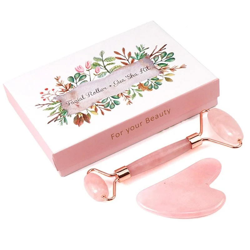 

Natural Rose Quartz Jade Roller Face Massager Real Jade Gouache Scraper Facial Massager Jade Facial Roller Set Guasha Board