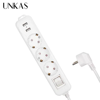 

UNKAS 2M Pure Copper Wire Power Strip Dual USB Charge Port 3 AC EU Outlet Socket Extension Plug Power Button Surge Protector