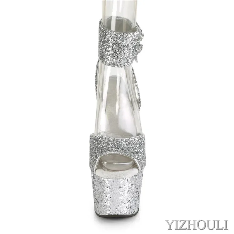 7 inches, sexy sequined fabric sandals, 17 cm heels for stage parties, nightclub pole dancing exercises, dancing shoes