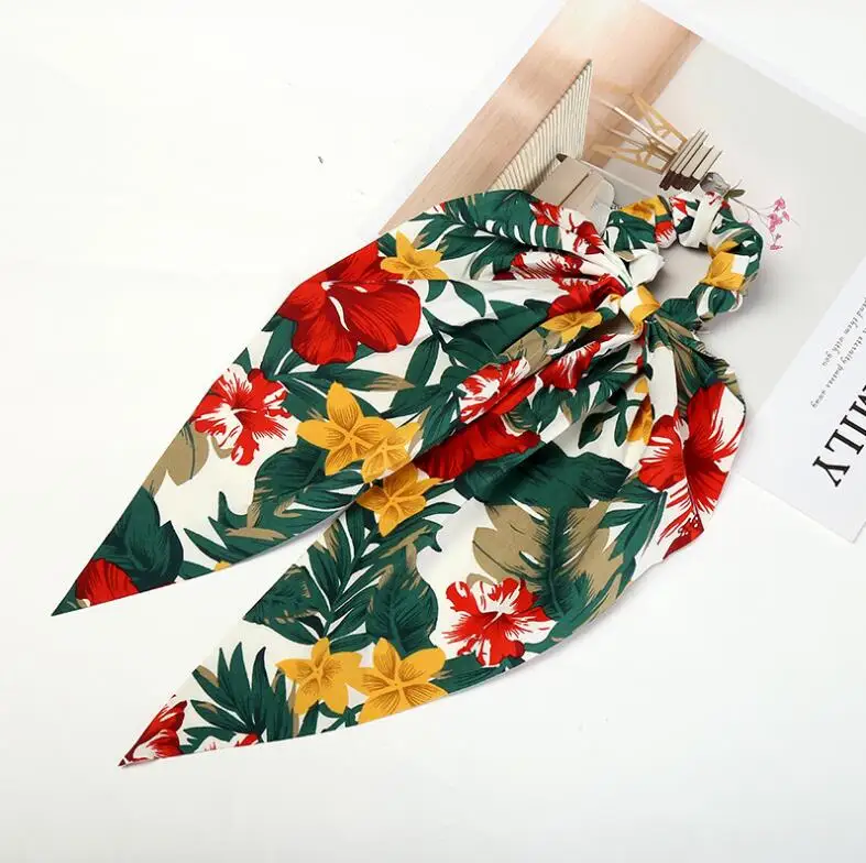 Bohemian Chiffon Flower Shrink Scarf Hair Band Ponytail Entrainment Bow Floral Print Hair Bundle Rope