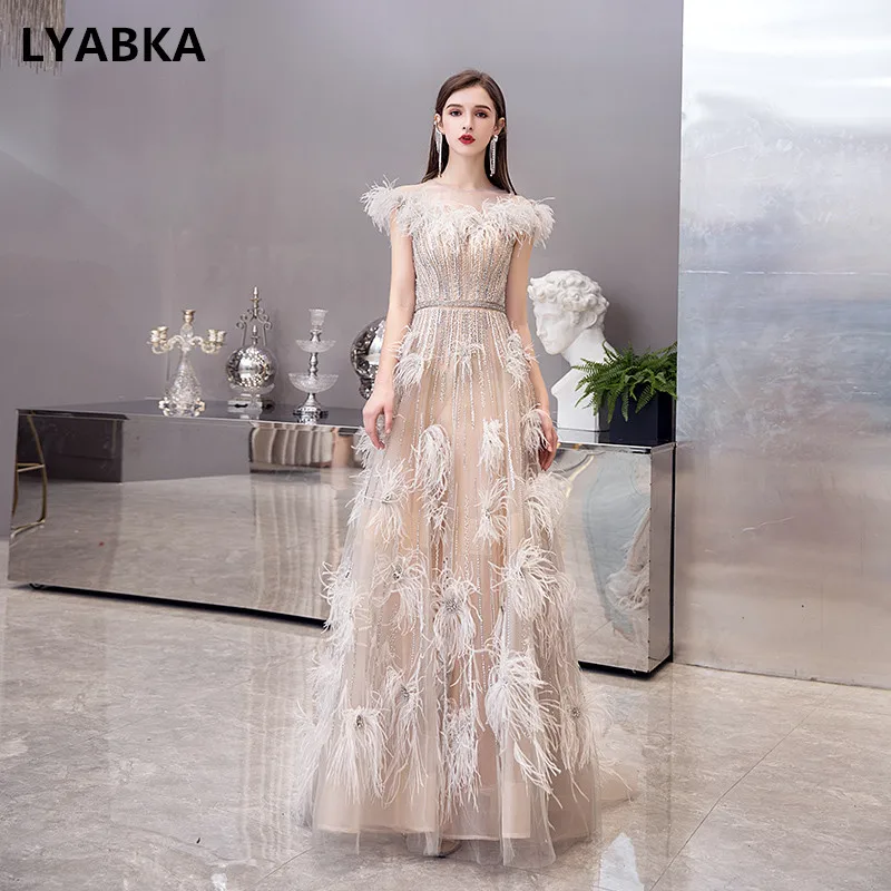LYABKA роскошные стразы вечерние платья длинное платье vestido de festa вечернее платье с перьями официальное платье Robe De Soiree