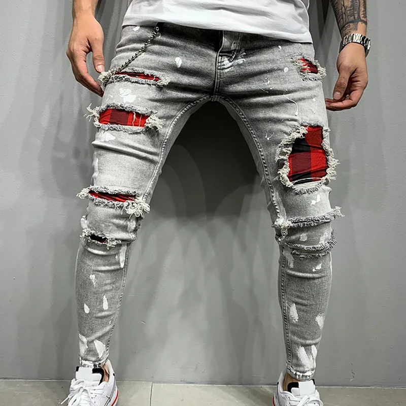Pantalones con diseño rasgado para hombre, pantalones vaqueros pintados con parche, tamaño grande, S-3XL, novedad de 2021