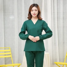 A luva longa esfrega a parte superior dos uniformes médicos das mulheres do algodão v pescoço esfrega a parte superior ocasional médico workwear médico traje plug tamanho esfrega camisa