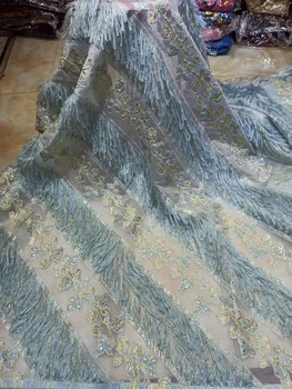 

(5yards/pc) high quality skyblue French lace fashion African jacquard tulle lace fabric with tassels for party dress FHS057