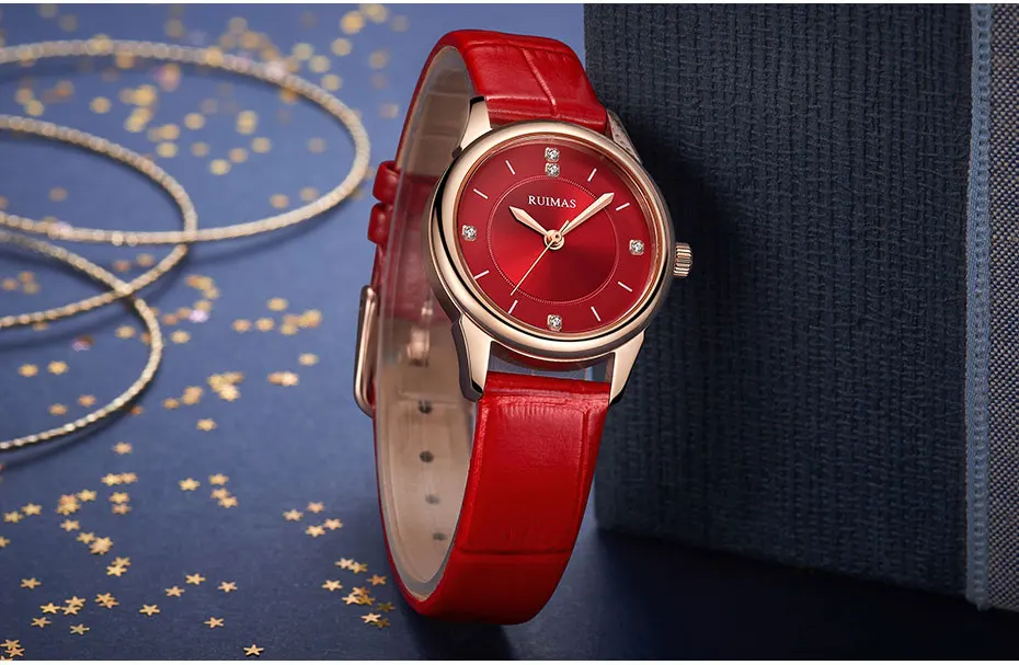 RUIMAS роскошные розовое золото женские наручные часы Лидирующий бренд сетка стальной ремешок кварцевые наручные часы водонепроницаемые Relogios S6779 красный