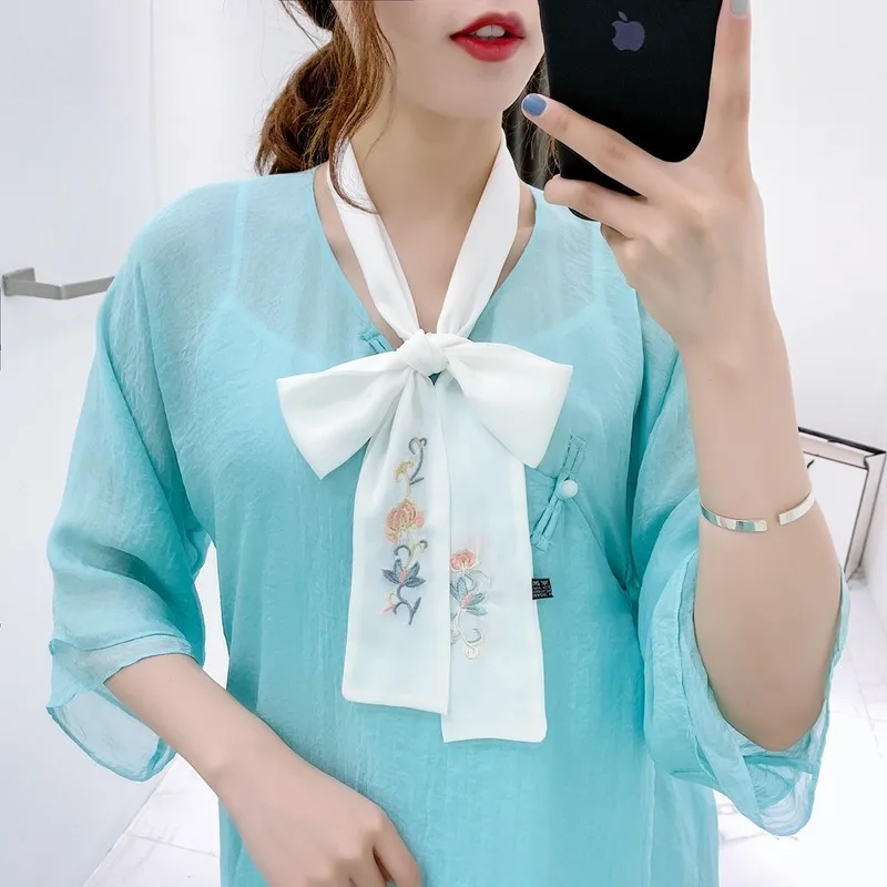 

Woman Silk Scarves Handwork Embroidery Long Narrow Scarf Cap Ribbon Streamer Knitted Shawl Turban Kerchief Lady ACC Neckerchief