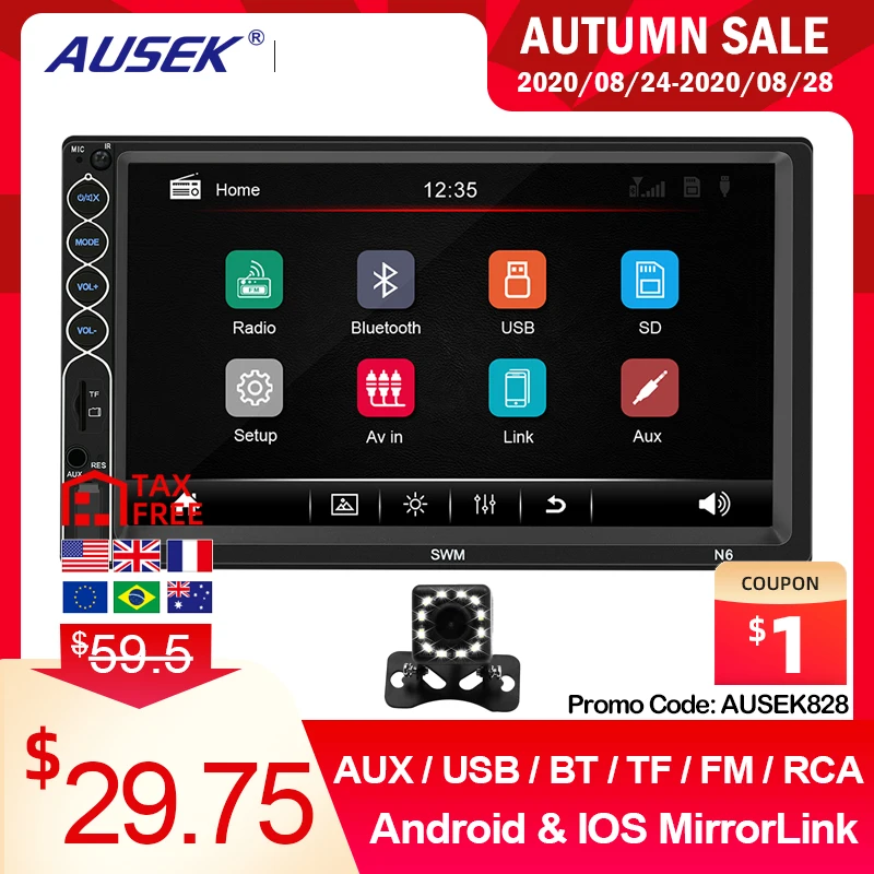 

AUSEK 2 din Car Radio 7" Auto audio Multimedia Player Autoradio Car Stereo MP5 Bluetooth AUX USB FM AM MirrorLink for Iphone XR