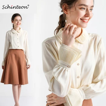 

2020 Schinteon Spring Women 100% Real Silk Shirt Flare Sleeve Sweet Ruffles Blouse Peter Pan Collar Party