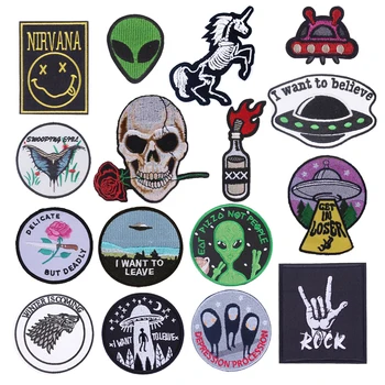 

Iron On Patches For Clothing Punk Skull Sticker Rock Accessory Biker Cowboy Garment Appliqued UFO Badge Embroidery On Clothes