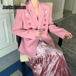 Женская Офисная розовая красивая куртка-блейзер двубортный элегантный Блейзер Женское пальто