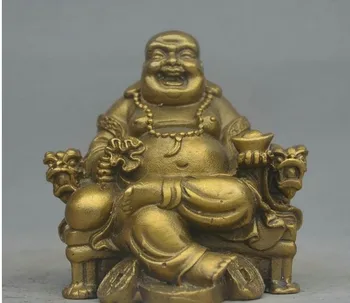 

322 Chinese Brass Bring Wealth Happy Laughing Maitreya Buddha On Dragon Chair Statue