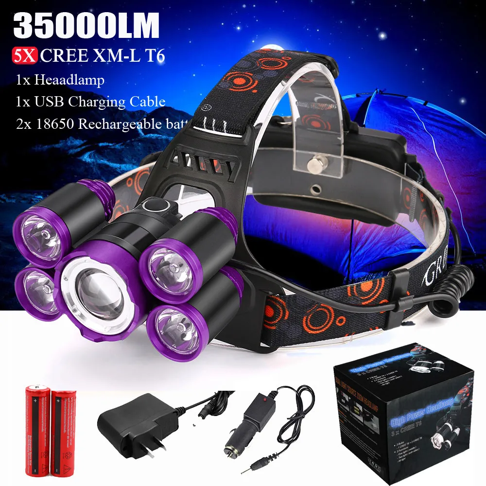 Purple set 35000лм налобный фонарь 5x CREE XM-L T6 светодиодный налобный светильник вспышка светильник налобный светильник 18650 перезаряжаемый аккумулятор AC Зарядка на открытом воздухе кемпинг - Испускаемый цвет: Purple set