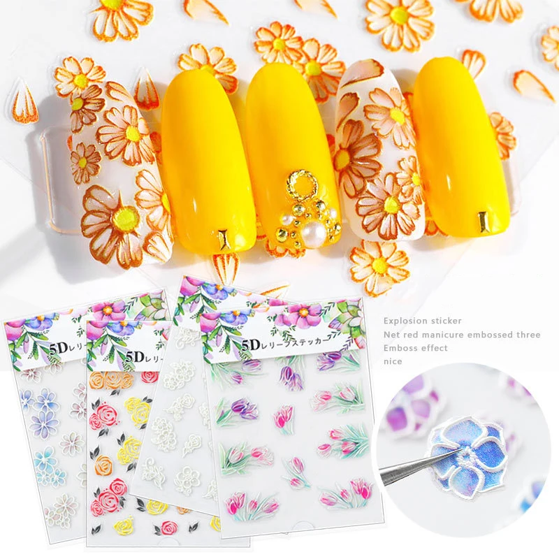 5D Nail Sticker Art 20 Pattern Flower Self Adhesive Emboss DIY Acrylic Engraved Nail Stickers Decal