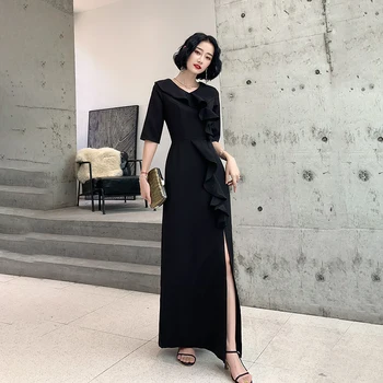 

Oversize 3XL Lady Evening Party Dress Sexy Slim Black High Split Qipao Cheongsam Elegant Half Sleeve V-neck Robe De Soiree