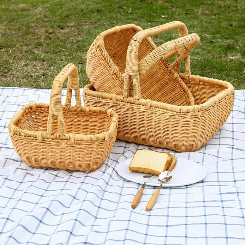 Picnic basket handmade rattan woven food fruit large capacity portable outdoor picnic vegetable storage basket household items
