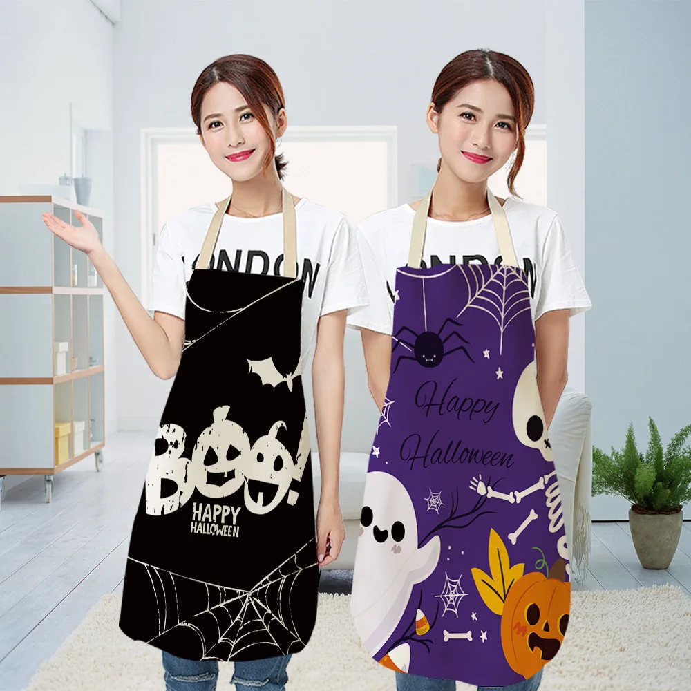 1 Pcs Pumpkin Witch Horror Happy Halloween Kitchen Aprons for Woman Man Home Cooking Baking Shop Cleaning Cotton Linen Apron