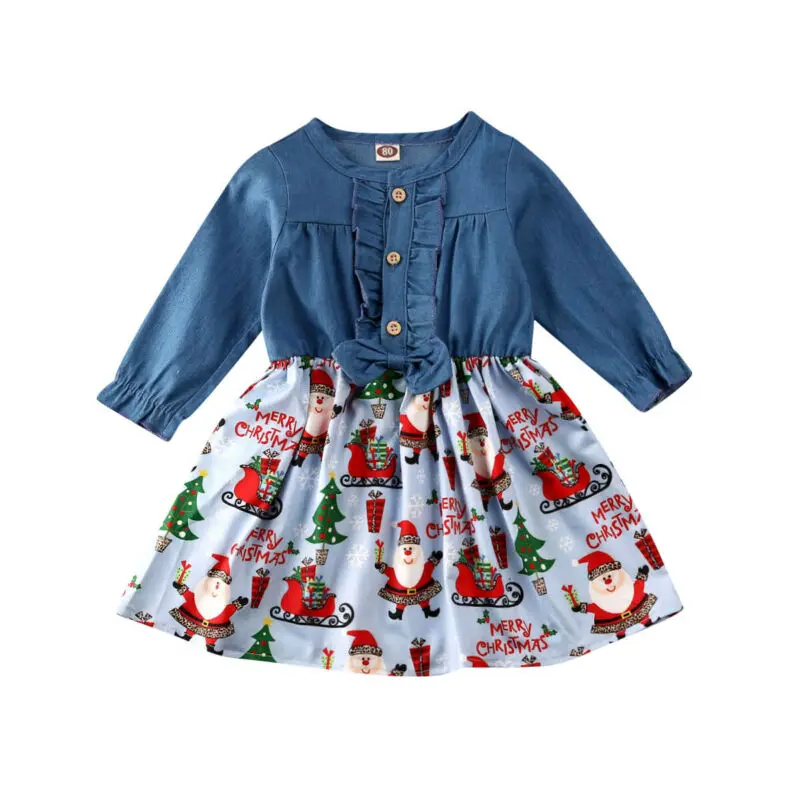 

Pudcoco Fashion Baby Girl Christmas Clothes Ruffle Long Sleeve Denim Shirt Tutu Dress Xmas Kids Outfits
