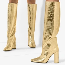 Женские ботинки; цвет золотой; крокодиловая кожа; тисненая воловья кожа; модная женская обувь на молнии; каблук; Новинка года; дизайнерская Брендовая женская обувь