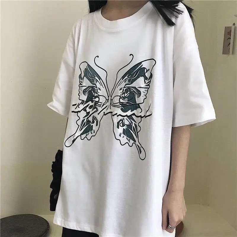 Goth Streetwear Short Sleeve Top Tee Female Kawaii y2k mujer gothic футболка Harajuku butterfly Print Black Crop Women T-shirts