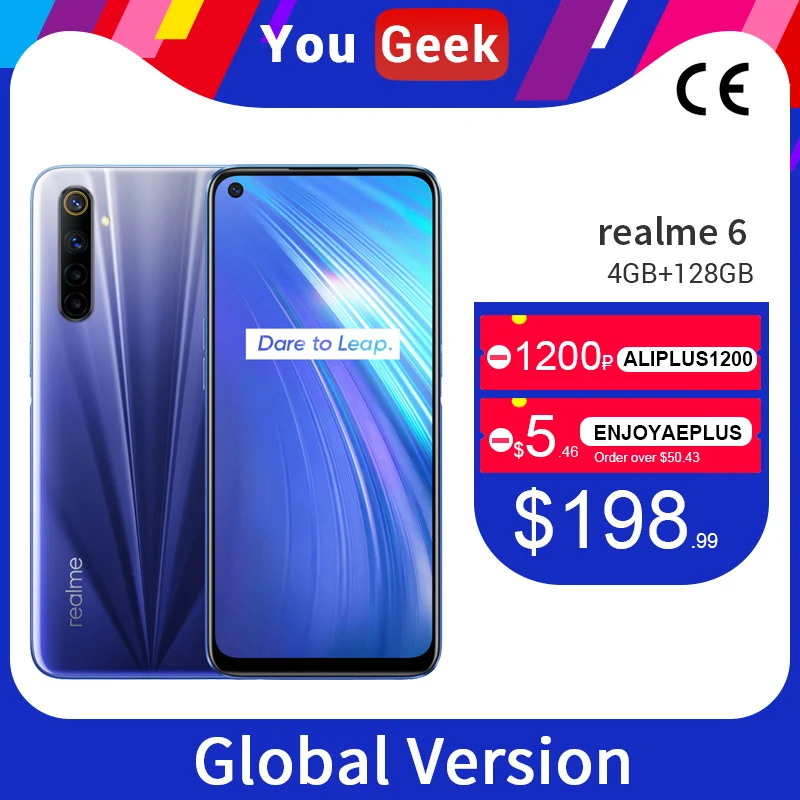 Realme 6 глобальная версия 4GB 128GB 5 ''мобильный телефон Helio G90T Восьмиядерный 64