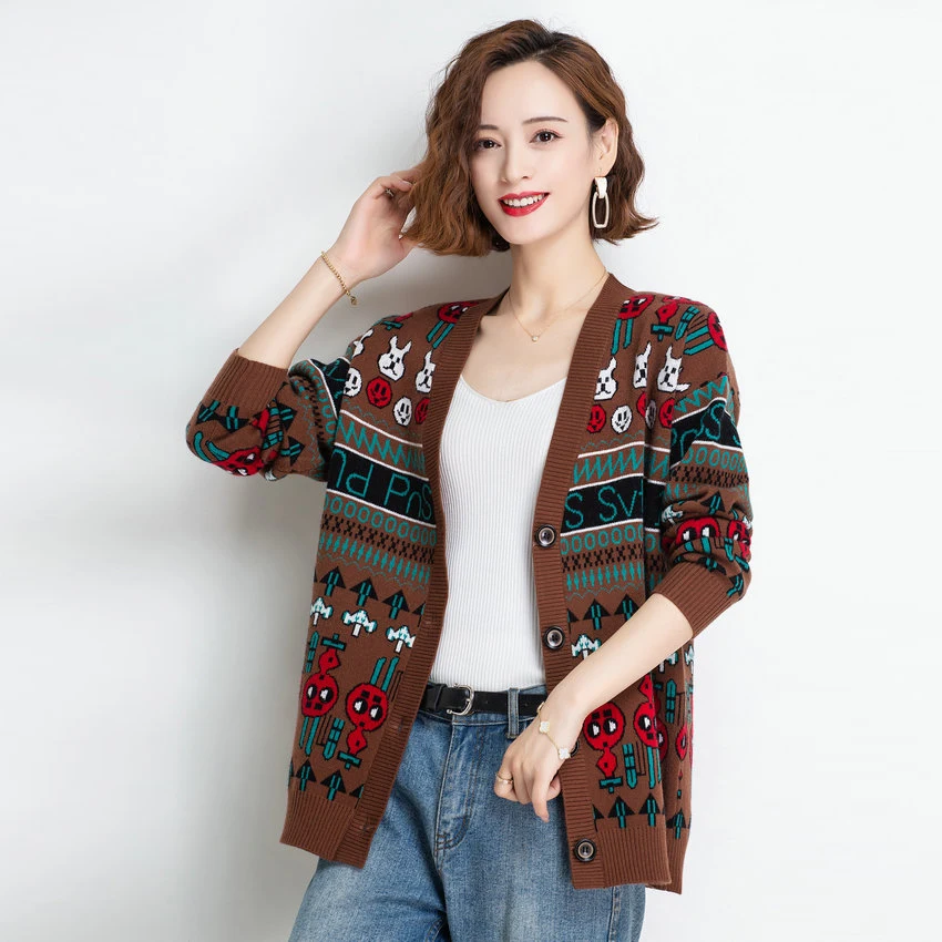 

Bohemia Cozy Cardigan Sweater Women Winter Autumn Soft Warm Playful Pattern Printing Knitwear V-Neck Single-Breasted Outerwear