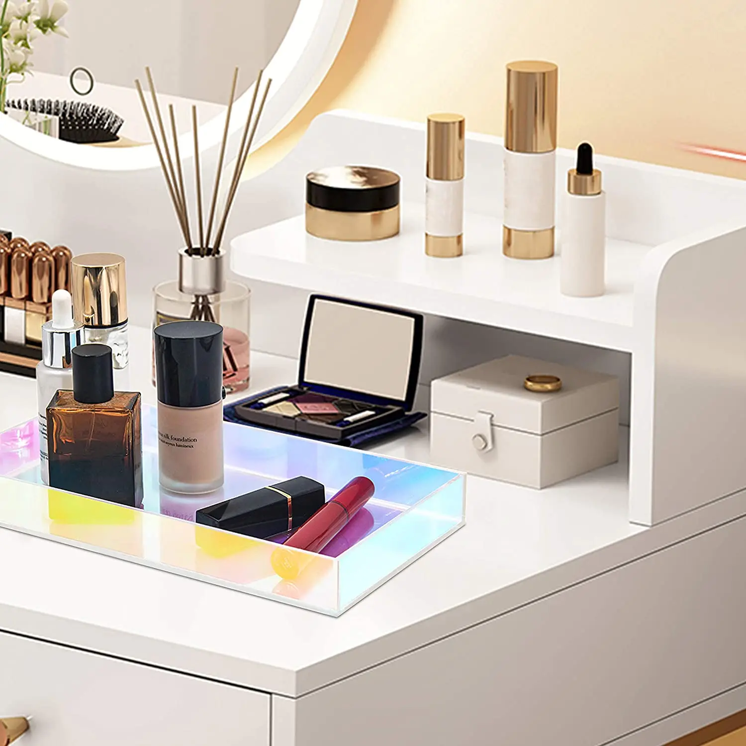 Acrylic Vanity Organizer Colorful Makeup Tray iridescent cosmetics Organizer Holder Storage Makeup Tray Solution 3