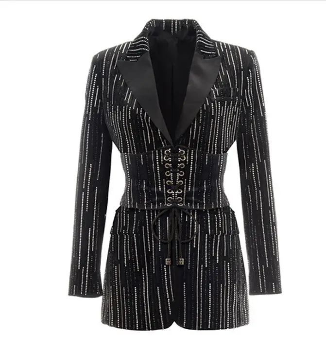 Новая мода, классические дизайнерские женские черные пиджаки с бриллиантами и кристаллами, женские блейзеры с ремнями