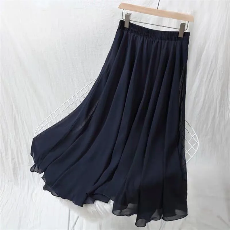 Большие размеры 5XL 6XL 7XL женские осенние модные шифоновые юбки с высокой талией однотонные плиссированные длинные юбки винтажные элегантные макси юбки