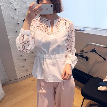 

Women Shirt 2019 Spring and Summer Sweet Lace Openwork Pattern Long-sleeved Shirt