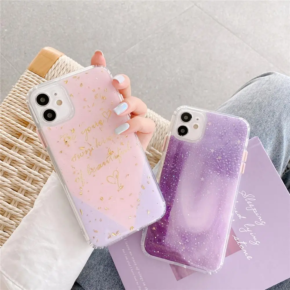 Cute Glitter Gold Foil Star Space Galaxy Pink Purple Cases For Iphone 11 Pro Xs Max Xr X Se 2 7 8 Plus Soft Silicone Back Cover Phone Case Covers Aliexpress