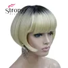 StrongBeauty Neat Bang Short Bob style Wig Blonde Ombre And dark Root Synthetic Natural Full Wigs ► Photo 2/5