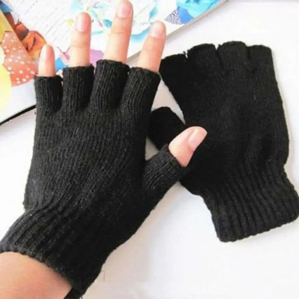 1Pair Black Half Finger Fingerless Gloves For Women And Men Wool Knit Wrist Cotton Gloves Winter Warm Workout Gloves