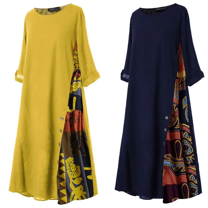 ZANZEA, женское длинное платье макси, винтажное, из кусков, с принтом, хлопковое, Vestidos, повседневное, свободное, длинное, сарафан, халат для женщин размера плюс 7