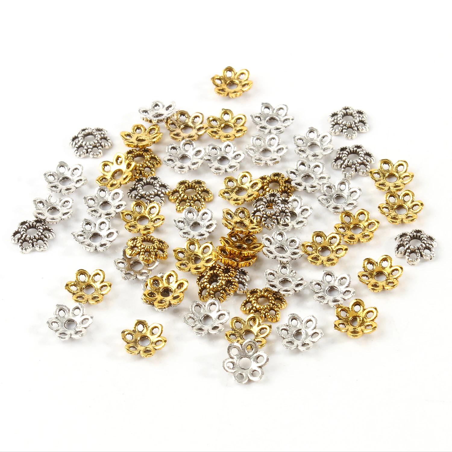 150 pezzi 8-15 mm all'ingrosso sacco d'argento fascino tibetano argento misto tono fiore perline Caps Hollow fiore perline tappi per fai da te per collana braccialetto gioielli fabbricazione