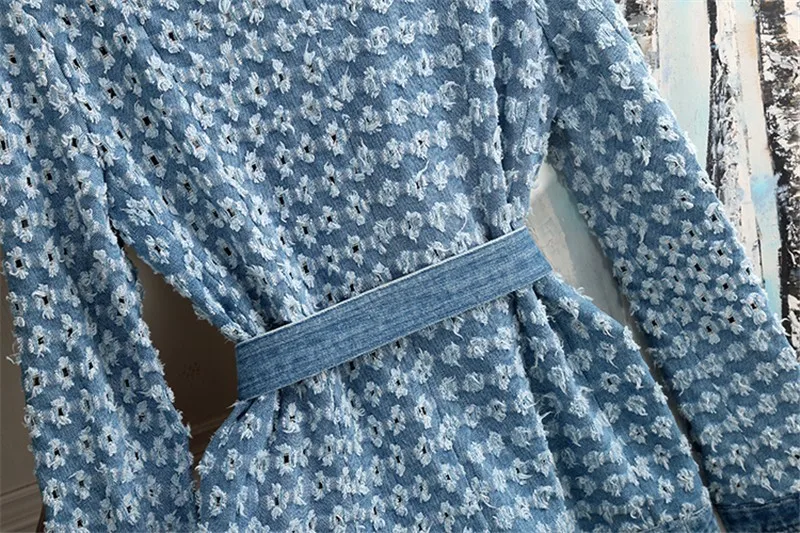 Осенняя синяя джинсовая куртка с поясом с рваными дырками для женщин пальто с длинным рукавом Карманы Уличная Новинка
