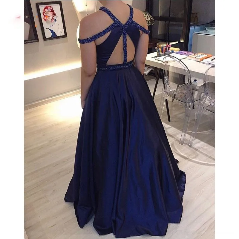 

Navy Blue Satin Formal Evening Dresses Halter A-Line Stunning Beaded Open Back Prom Gowns avondjurken