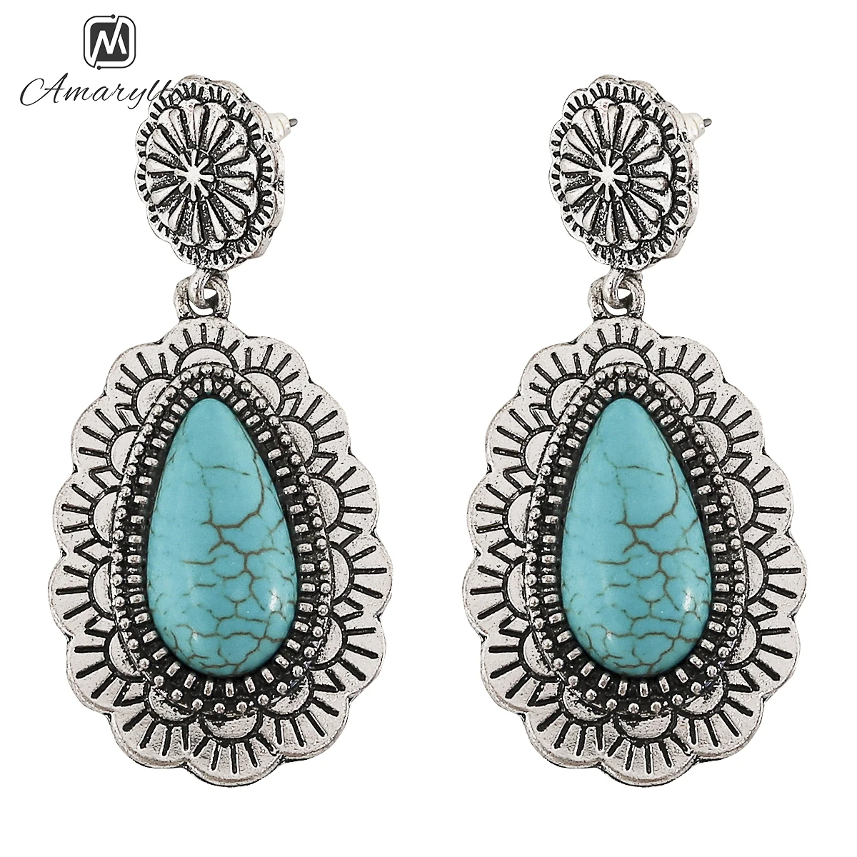 Amaiyllis Indian Wedding Stone Stud Earrings For Women Vintage Waterdrop Turquoises Earrings Boho Flower Geo Statement Earrings