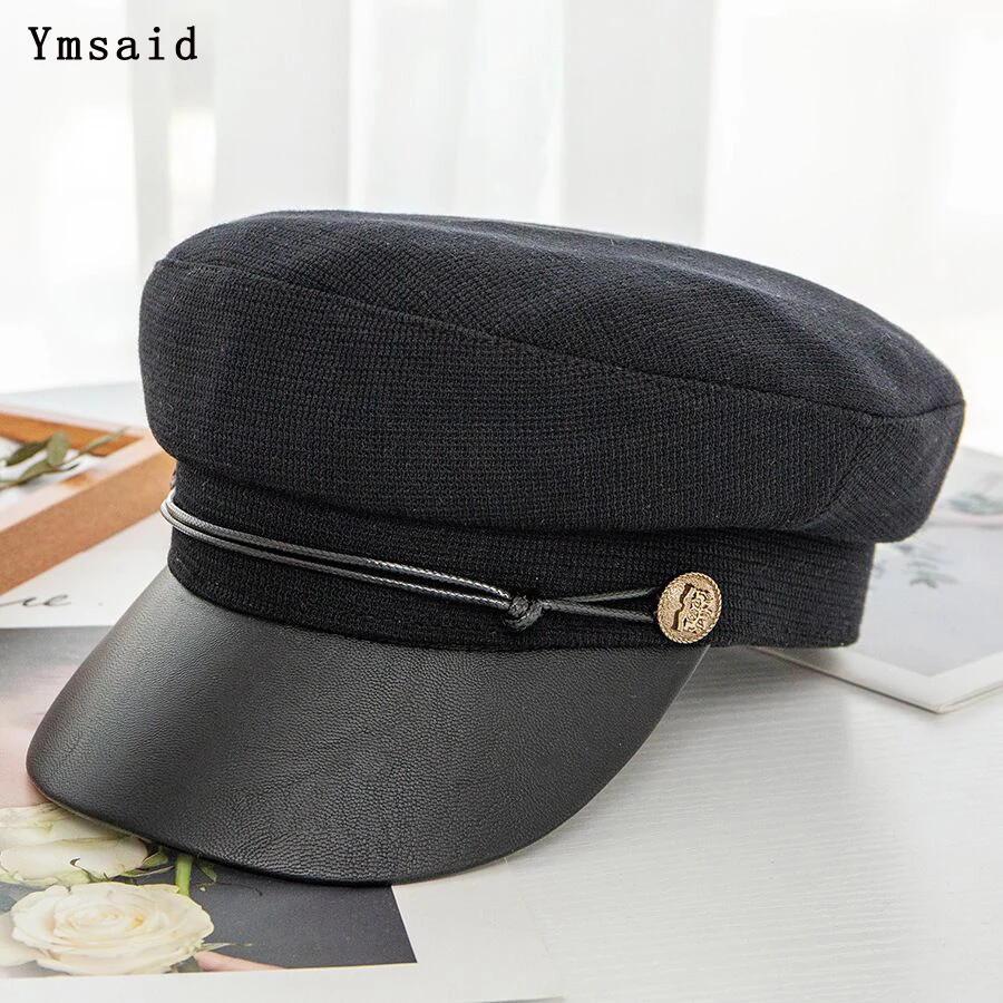 

Ymsaid Black Military Caps Fashion Hats for Women Flat Hats Army Retro PU Military Hat Autumn Winter Hat