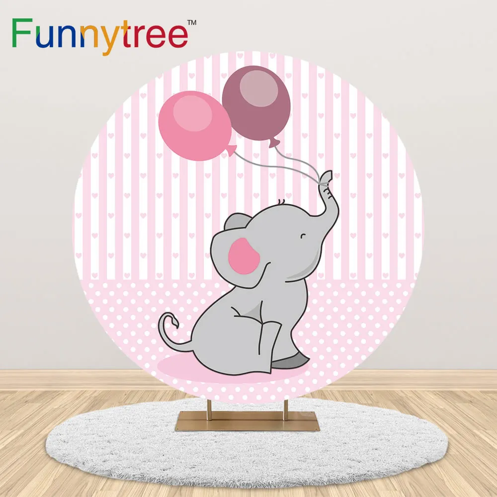 Funnytree Fondo Redondo De Rayas Rosadas Para Baby Shower Nina Globos De Elefante Fondo Circular Fiesta De Cumpleanos Cubierta De Mantel Para Ninos Fondo Aliexpress