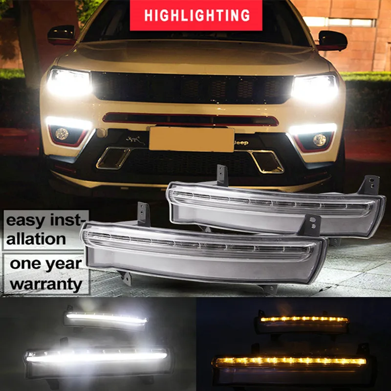 

Tcart 2pcs LED Car DRL daytime running light fog lamp For Jeep Compass 2017 2018 white with yellow turn Signal Light