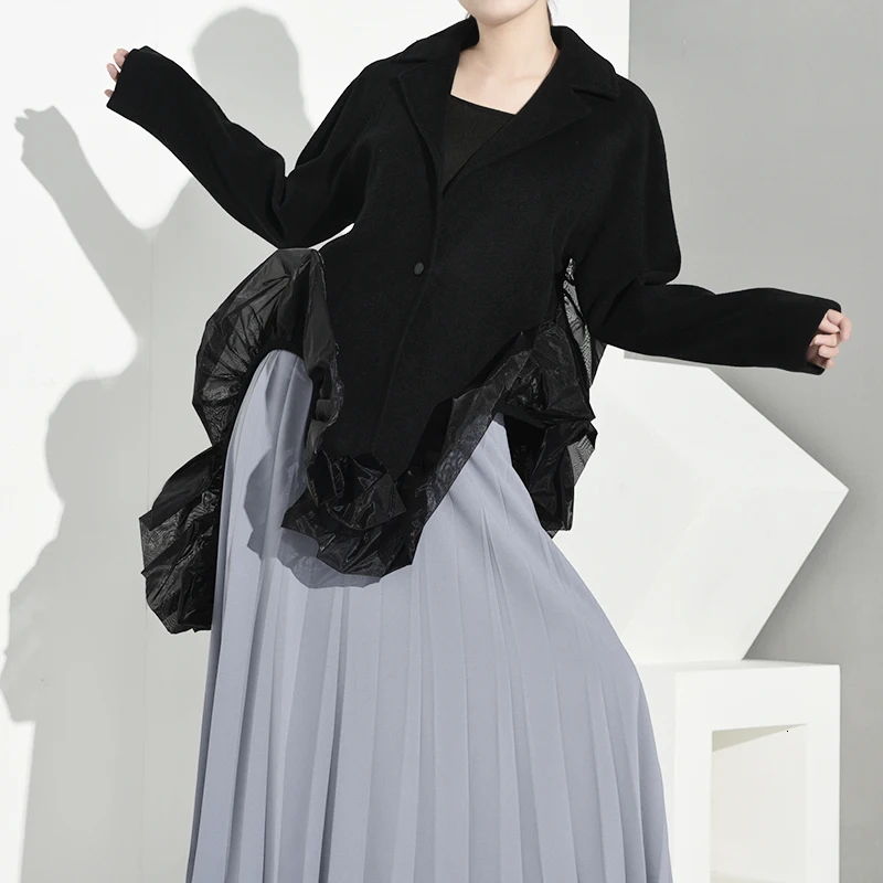 

DEAT 2020 Spring Autumn Woman Black Color Long Sleeve Turn-down Collar Single Button Spliced Mesh Long Wide-waisted Coat LE004