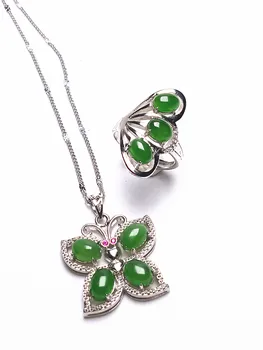 

Koraba 2pcs 925 Sterling Silver Natural Green Jade Gemstone Butterfly Pendant Necklace Rings Women Jewelry Set Gift