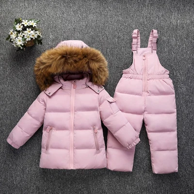 Pink Зимние теплые комплекты одежды для детей Зимний комбинезон с натуральным мехом для маленьких девочек, детский лыжный костюм, комплект зимней одежды для мальчиков, пуховики+ штаны - Цвет: Pink