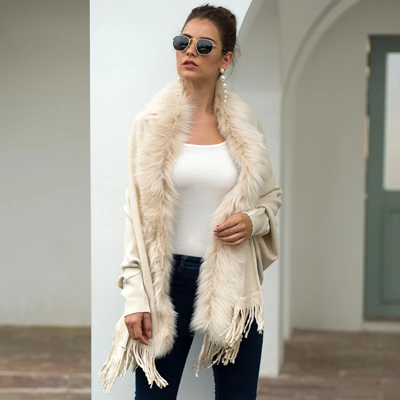 

ZADORIN Cardigan Sweaters Women Invierno 2019 Furry Collar Coat Loose Solid White Fringe Soft Overcoat Knitted Sweater Outerwear