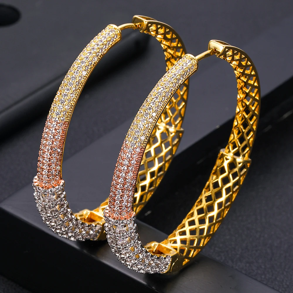 janeklly trendy Geometric bambo Hoop Earrings For Women Accessories Full Cubic Zirconia Earrings Jewelry pendientes mujer moda