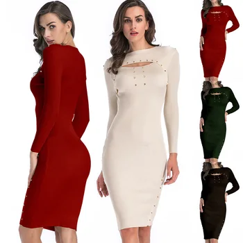

2020 Spring New Long-Sleeved Sweater Dress Package Hip Skirt Slim Long Pencil Skirt